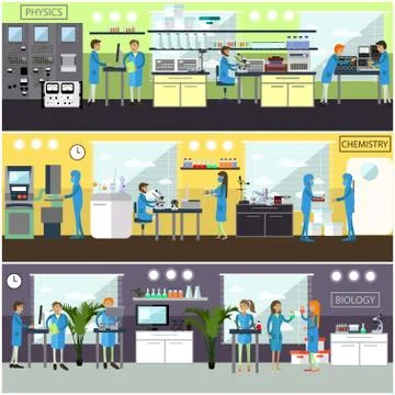 Vector set of posters with scientific research laboratories and scientists Stock Illustration