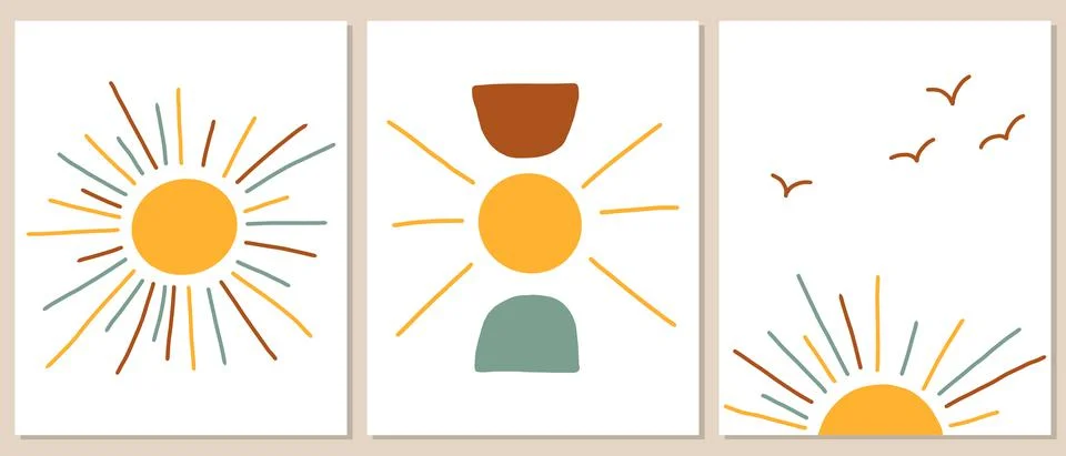 Vector set of posters with sun in boho style. Stock Illustration