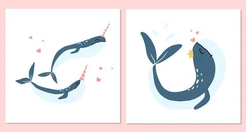 Vector set of posters with whale and narwhals. Stock Illustration