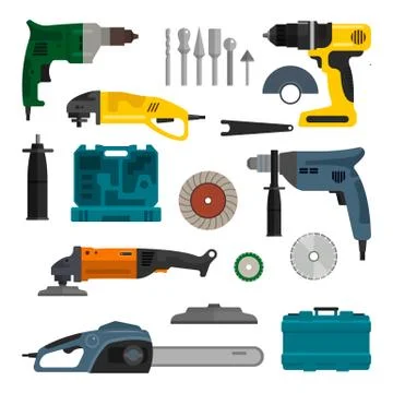 Vector set of power electric tools. Repair and construction working equipment Stock Illustration