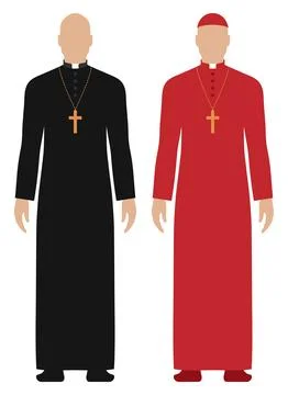Vector set of priest dressed in black and red cassock, isolated on white Stock Illustration