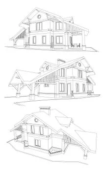 Vector set of private house facades, detailed architectural technical drawing Stock Illustration