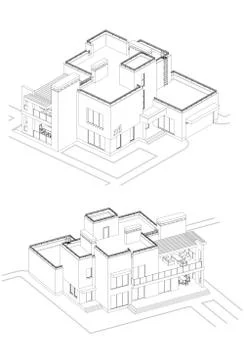 Vector set of private house facades, detailed architectural technical drawing Stock Illustration