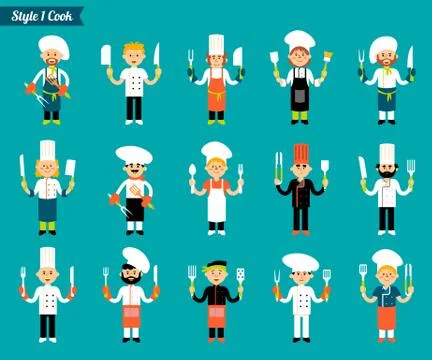 Vector set of professional kitchen staff, cook with a knife and cutlery in hand Stock Illustration