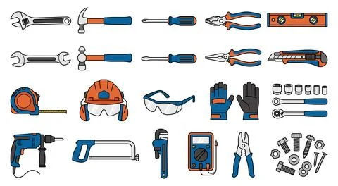 Vector set of professional repair tools, construction equipment, and hardwa.. Illustrazione stock