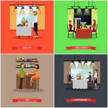 Vector set of pub and restaurant concept posters, flat style Stock Illustration