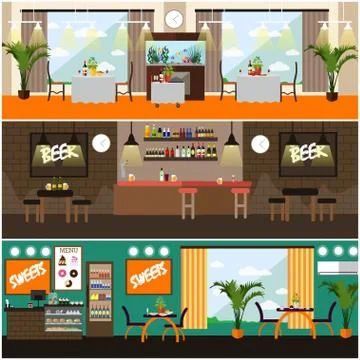 Vector set of pub, restaurant interior concept posters, flat style Stock Illustration