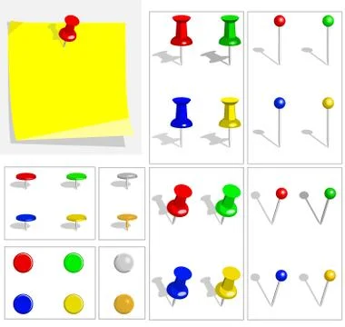 Vector set of push pins isolated on white background. Stock Illustration