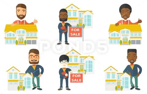 Vector set of real estate agents and house owners Stock Illustration