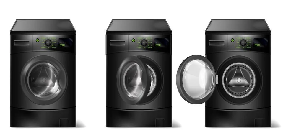 Vector set of realistic black washing machines Illustrazione stock