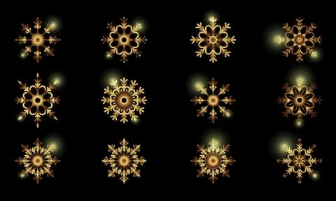 Vector Set of Realistic bright Gold snowflakes isolated on black background. Stock Illustration