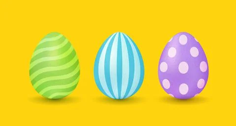 Vector set realistic colorful eggs for Easter. Colorful eggs with patterns on Stock Illustration
