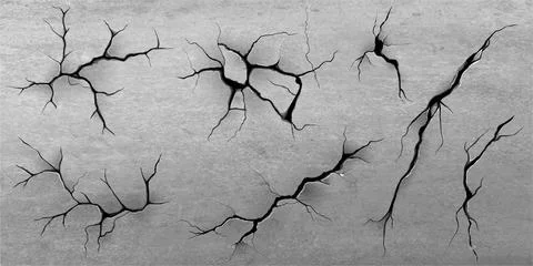 Vector set of realistic cracks, on a concrete gray wall. Stock Illustration
