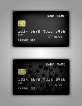 Vector set Realistic credit bank card mockup. Black gradient pattern. Illustrazione stock