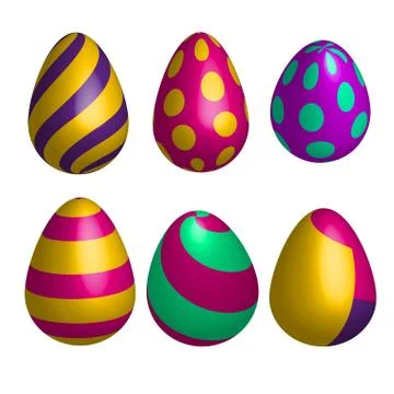 Vector set of realistic happy easter eggs in different forms isolated. 3D Ilustración de archivo