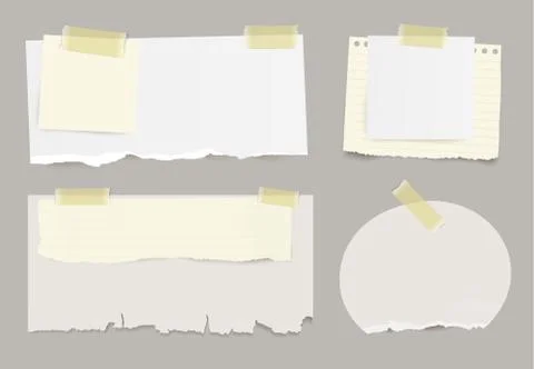 Vector set of realistic torn note papers with yellow adhesive tape. Stock Illustration