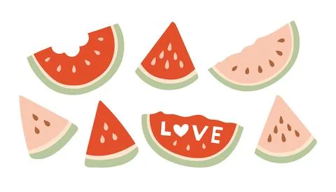 Vector set of red and pink watermelon slices with seeds and bite marks. Summer Stock Illustration