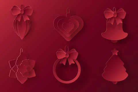 Vector set of red christmas paper cut 3d pendants on bordeaux background Stockillustratie