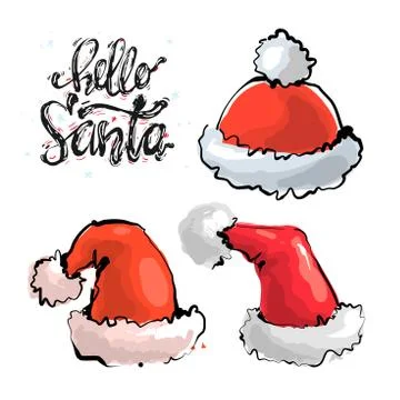 Vector set red Christmas Santa Claus hats isolated on white background with Illustrazione stock