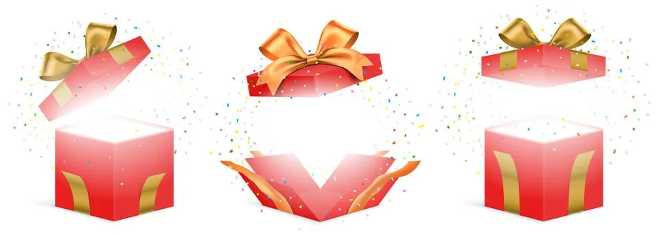 Vector set of red gift boxes with exploded colorful confetti, isolated on white. Stock Illustration