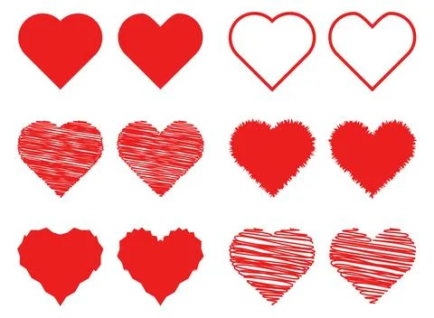 Vector set of red hearts love icon symbol in various outline scribble grunge Stock Illustration