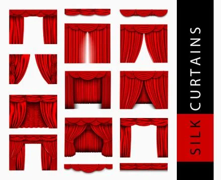 Vector set of red silk curtains with light and shadows of the open and closed Stock Illustration