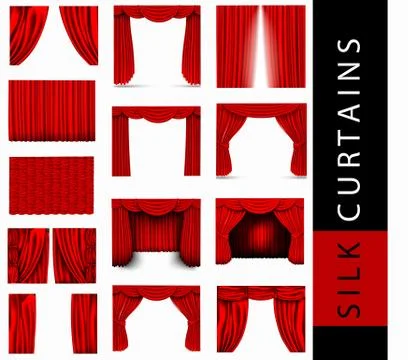 Vector set of red silk curtains with light and shadows of the open and closed Stock Illustration