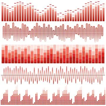 Vector set of red sound waves. Audio equalizer. Stock Illustration