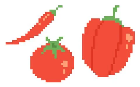 Vector set red vegetables in retro pixel art style. Pixilated illustration .. Stock Illustration
