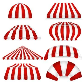 Vector set of red-white sunshades. Outdoors awnings for cafe and market. Stock Illustration