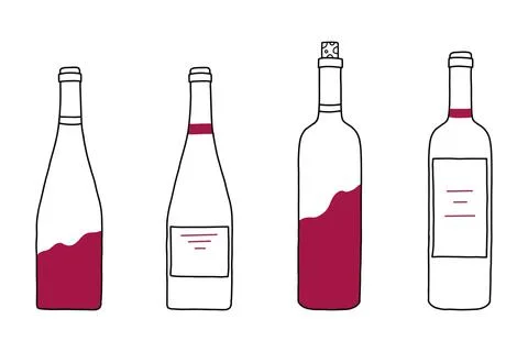 Vector set of red wine bottles in doodle style. Stock Illustration