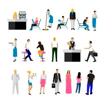 Vector set of restaurant employees and visitors. People icons isolated on white Stock Illustration