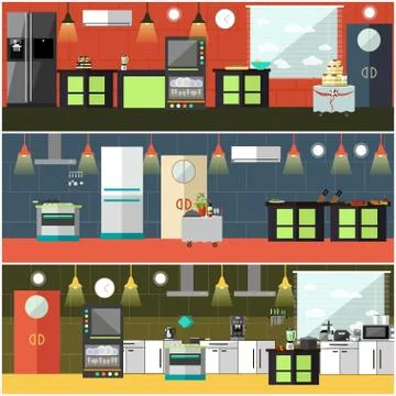 Vector set of restaurant kitchen interior posters, banners, flat style Stock Illustration
