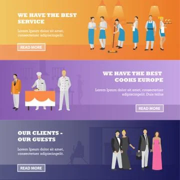 Vector set of restaurant workers and visitors banners. Illustration in flat Stock Illustration