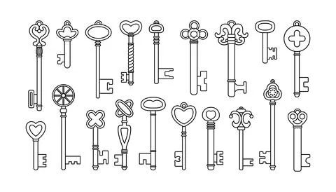 Vector set of retro keys in outline style. 스톡 일러스트