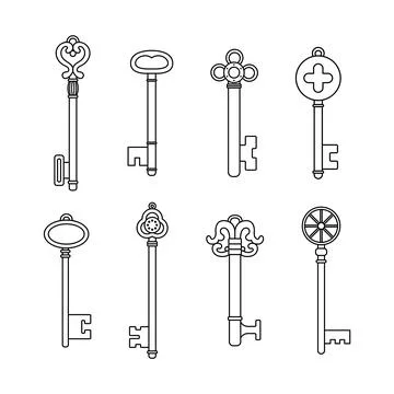 Vector set of retro keys in outline style. Stock Illustration