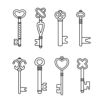 Vector set of retro keys in outline style. Ilustração Stock