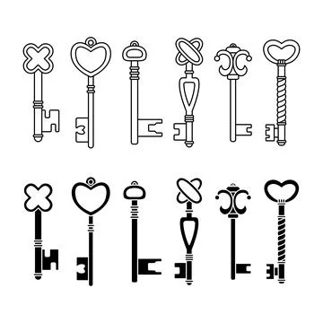 Vector set of retro keys in simple and outline styles. Illustrazione stock