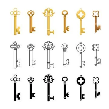 Vector set of retro keys in three styles - flat, outline, simple. Stock-Illustration