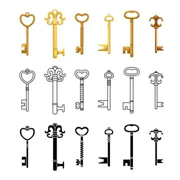 Vector set of retro keys in three styles - flat, outline, simple. Stock Illustration
