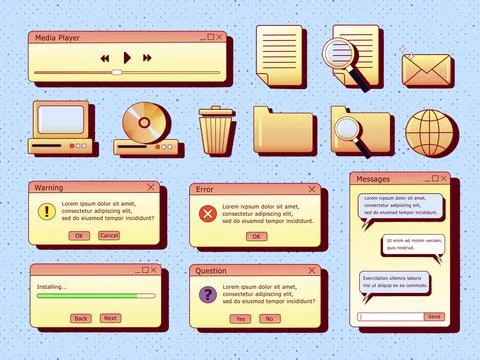 Vector set of retro y2k computer interface. Gradient icons and dialog window Stock Illustration