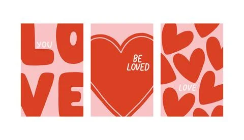 Vector set of romantic cards with decorative hearts and handwritten love Ilustração Stock