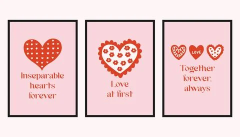 Vector set of romantic cards with decorative hearts and handwritten love Ilustração Stock