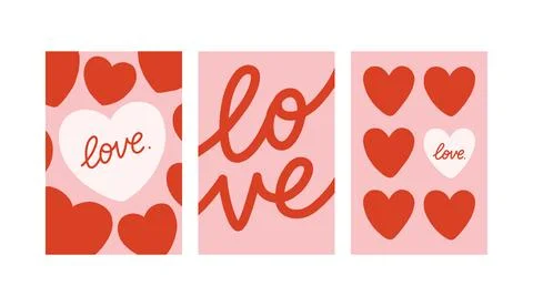Vector set of romantic cards with decorative hearts and handwritten love Ilustração Stock