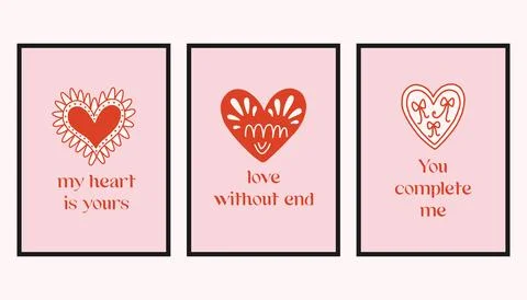 Vector set of romantic cards with decorative hearts and handwritten love Ilustração Stock