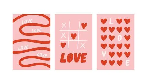 Vector set of romantic cards with decorative hearts and handwritten love Ilustração Stock