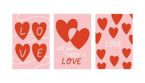 Vector set of romantic cards with decorative hearts and handwritten love Ilustração Stock