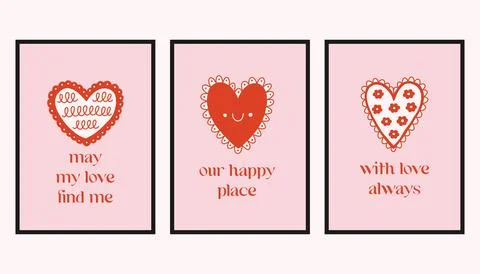 Vector set of romantic cards with decorative hearts and handwritten love Ilustração Stock