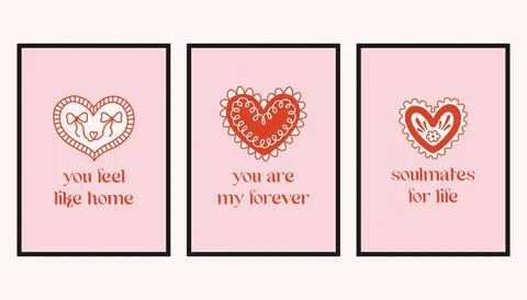 Vector set of romantic cards with decorative hearts and handwritten love Ilustração Stock