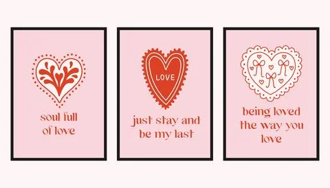Vector set of romantic cards with decorative hearts and handwritten love Stock Illustration